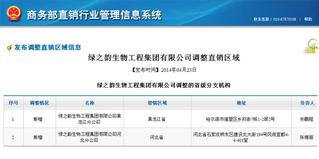 綠之韻獲國(guó)家商務(wù)部批準(zhǔn)，新增黑龍江、河北兩省直銷區(qū)域